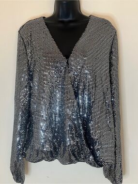 INC International Concepts Black and Silver Sequin V-Neck Top